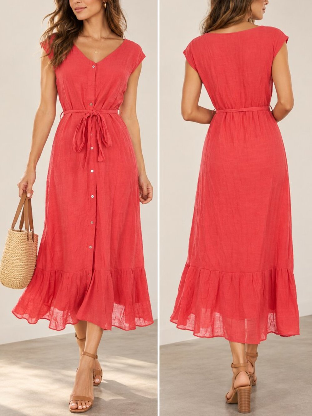 NANETTE Nanette Lepore Coral Button Front Belted Maxi Dress Size 8